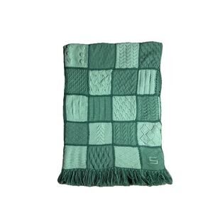 Vintage Green Checkerboard Blanket Quilt S Monogram Fringe Knit Plaid Throw